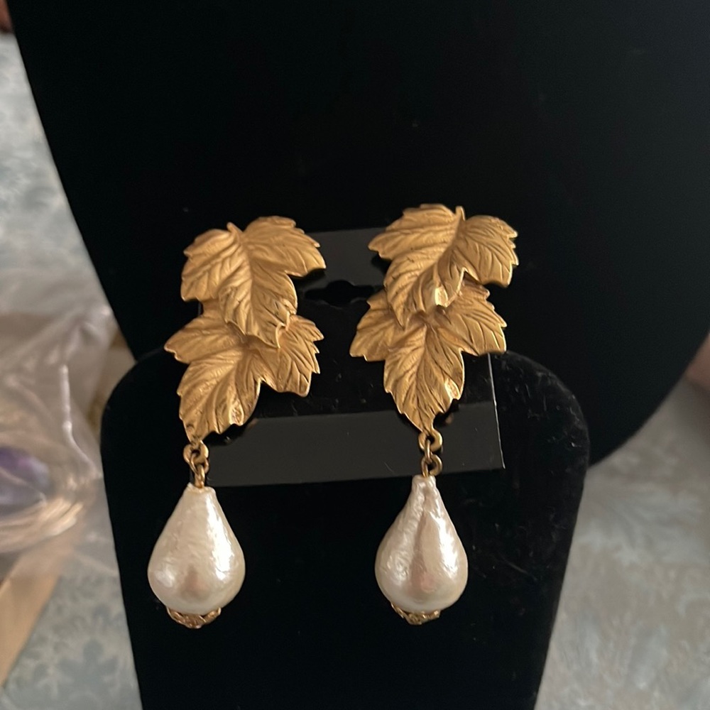 Gold Leaf Drop Earrings with Pearl Teardrops